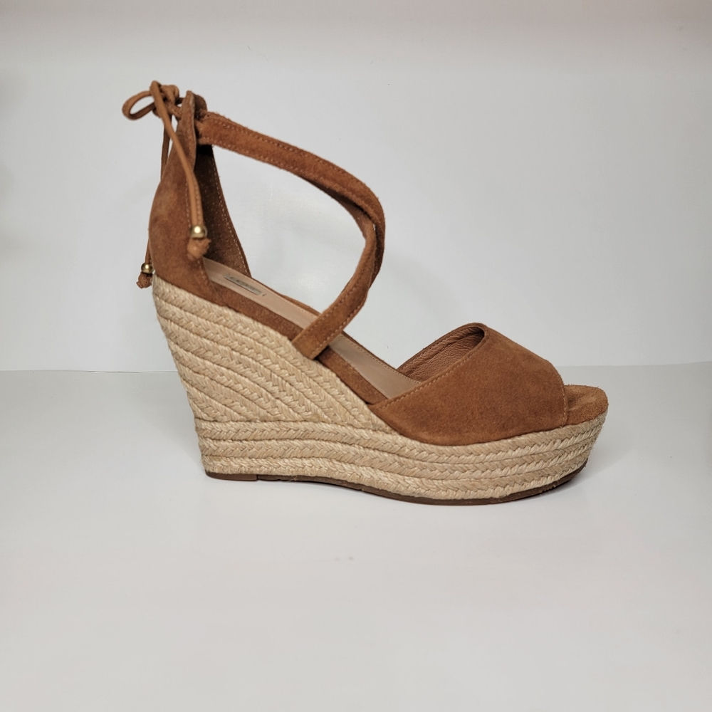 UGG Reagan Open Toe Anklestrap Tan Suede Espadrille Platform Wedges 9.5